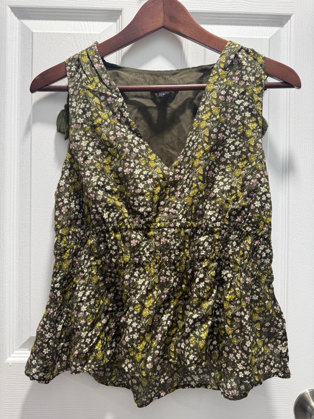 J. Crew Olive Floral V-Neck Peplum Tank